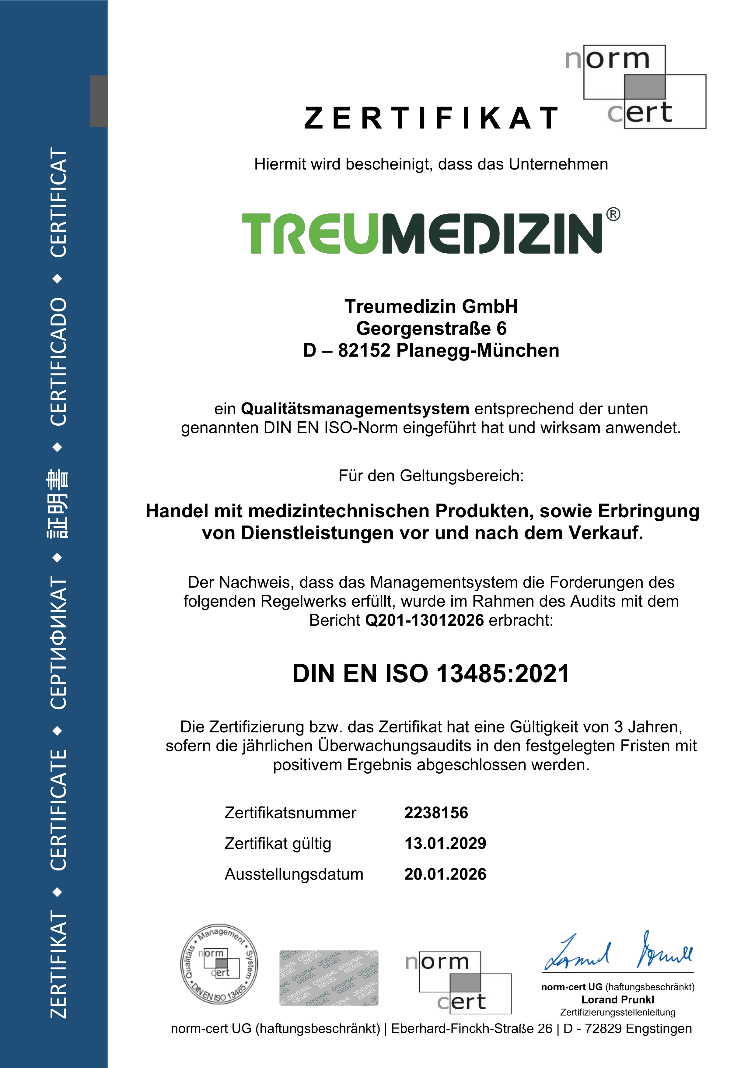 Zertifikat Treumedizin nach DIN EN ISO 13485, gültig bis 13.01.2029